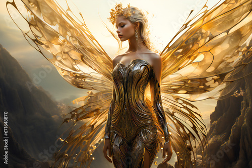 Fantasy beautiful young woman or fairy with golden wings