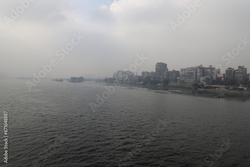 The Nile  river  fog  buildings