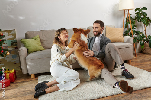 cheerful man and woman smiling and playing with cute corgi dog in modern apartment, happy moments © LIGHTFIELD STUDIOS