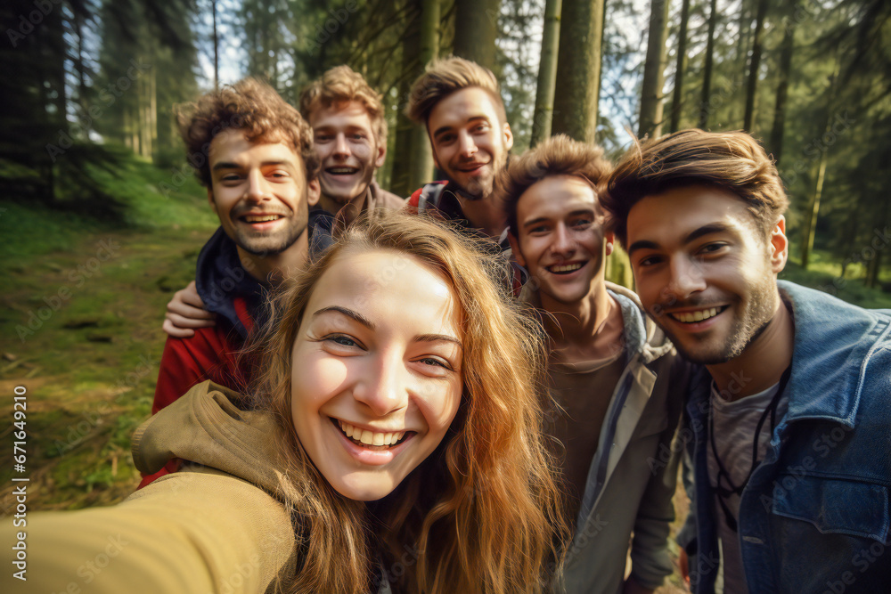 A wide angle selfie of a group of happy young friends in the forest