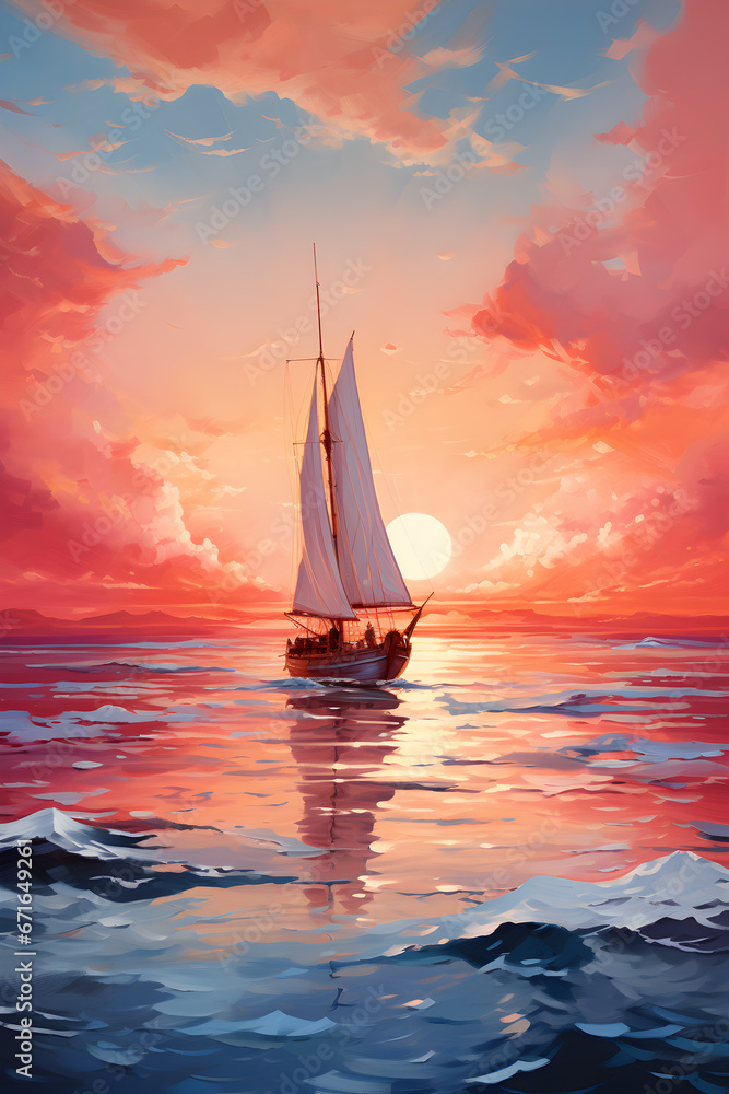 watercolor sailing boat in the ocean