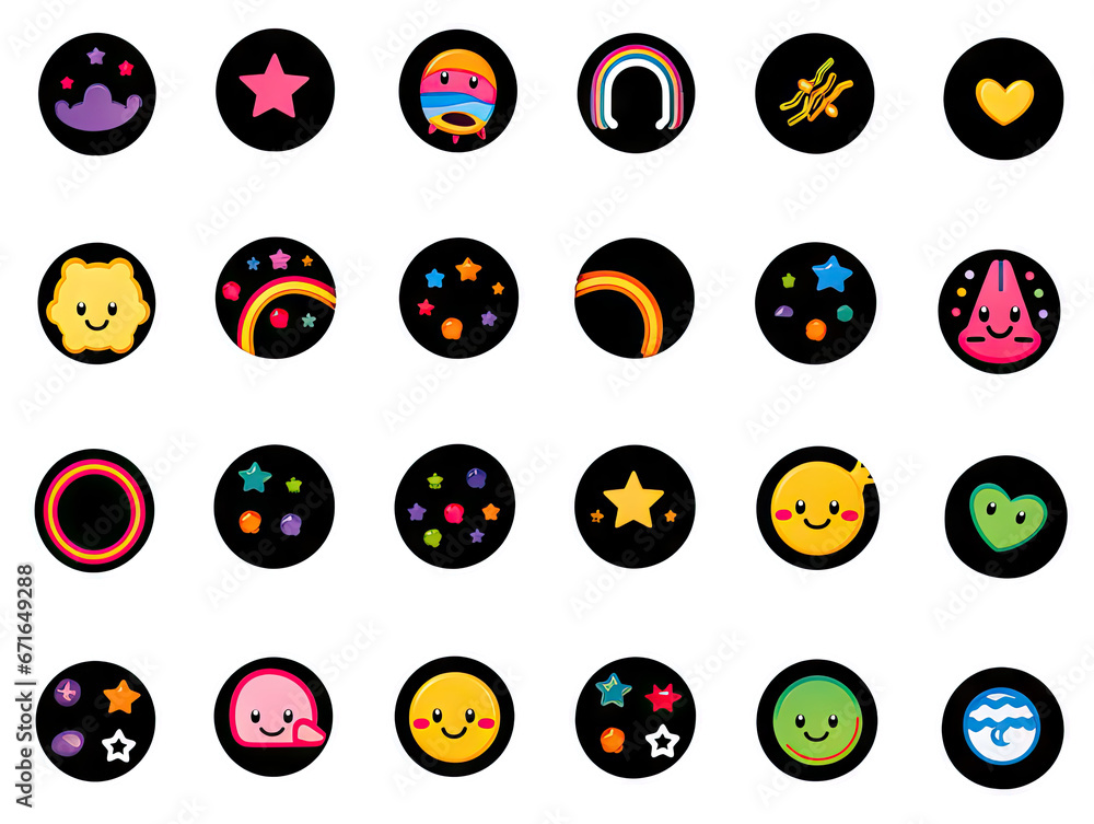 Set of fun stickers with little flowers, stars, rainbows, kittens and various kawaii pets for decoration of all kinds on a transparent background. Set of fun stickers with little flowers, stars, rainbows, kittens and various kawaii pets for decoration of all kinds on a transparent background.