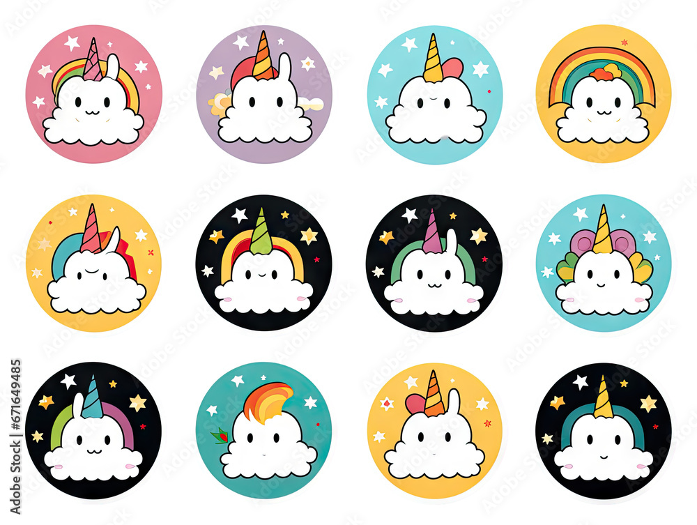 Set of fun kawaii unicorn stickers for decoration of all kinds on a transparent background. Set of fun kawaii unicorn stickers for decoration of all kinds on a transparent background.