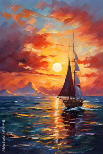 watercolor beautiful sunset with boat in the sea