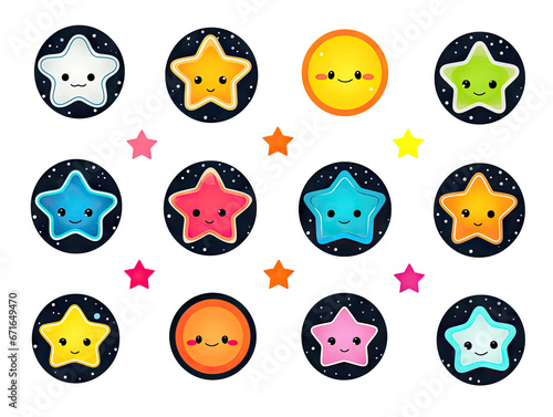 Set of fun stickers with little flowers, stars, rainbows, kittens and various kawaii pets for decoration of all kinds on a transparent background.