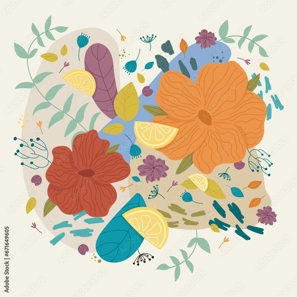 Floral arrangement with lemon slices, vector illustration of flowers. Floral arrangement with lemon slices, vector illustration of flowers.