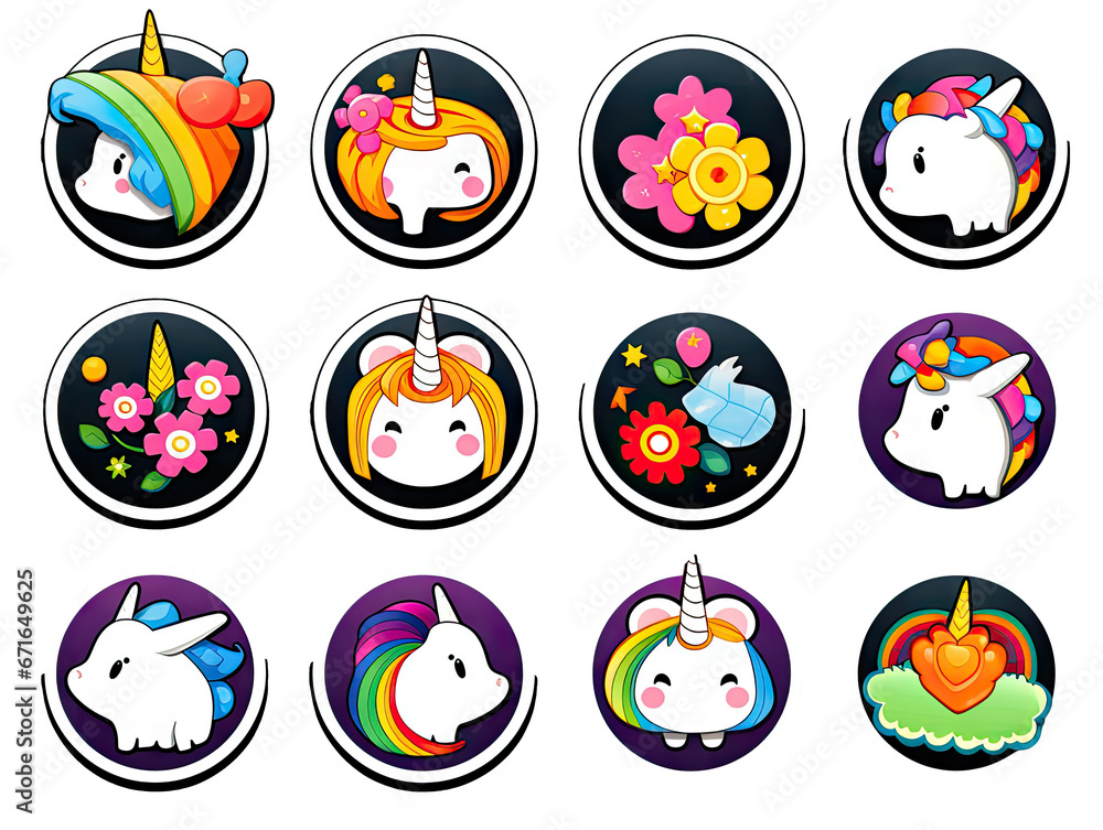 Set of fun kawaii unicorn stickers for decoration of all kinds on a transparent background. Set of fun kawaii unicorn stickers for decoration of all kinds on a transparent background.