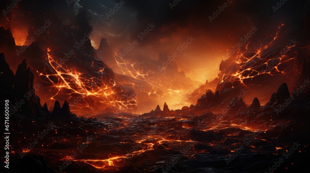 A photo of Fantasy landscape with lava flow. 3D illustration. 3D CG. Generative AI