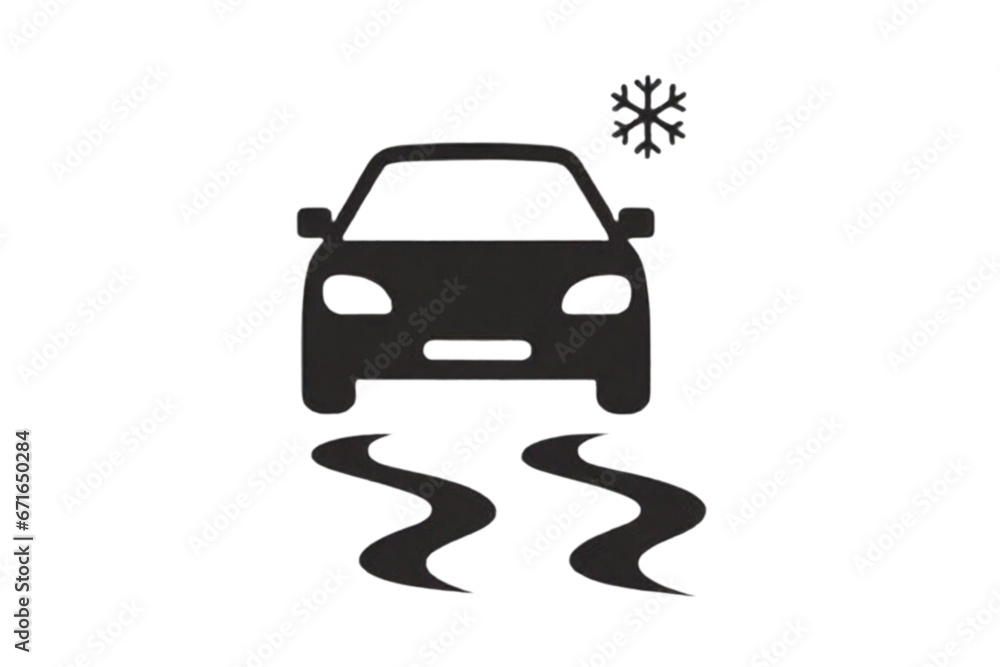 Slippery Road Icon: Car Driving on Ice. Vector Icon Isolated on a White Background - obrazy, fototapety, plakaty 