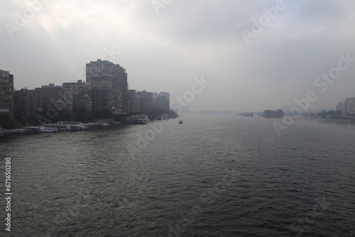 The Nile, river, fog, buildings