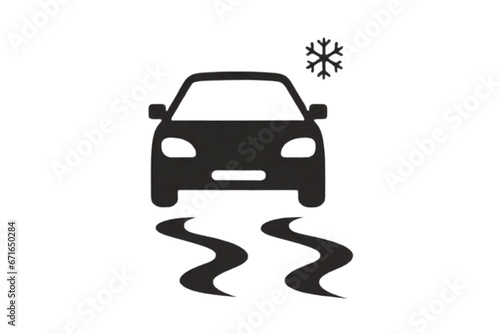 Slippery Road Icon: Car Driving on Ice. Vector Icon Isolated on a White Background