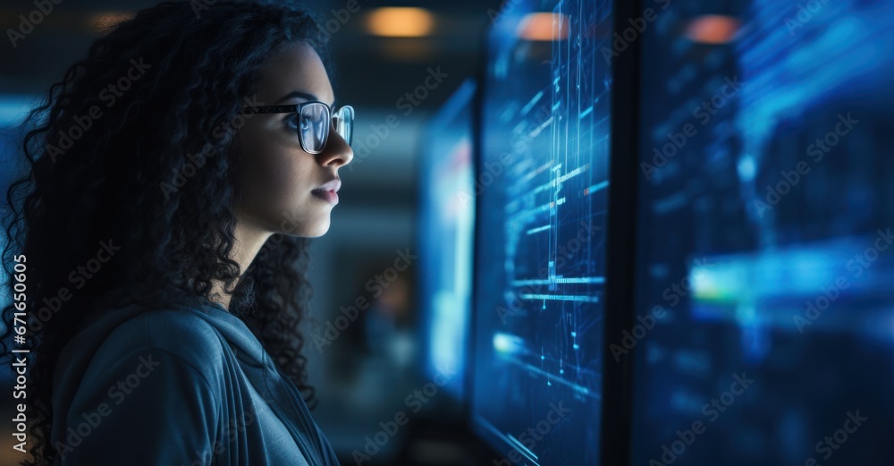 a cybersecurity expert intently stares at the luminous screens, her eyes reflecting lines of code - obrazy, fototapety, plakaty 