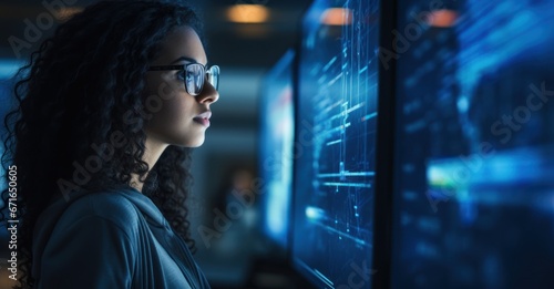 a cybersecurity expert intently stares at the luminous screens, her eyes reflecting lines of code