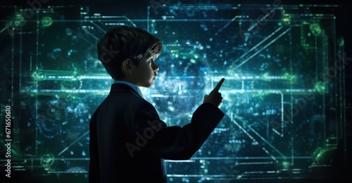 a young prodigy demonstrates a cybersecurity protocol on a transparent holographic screen