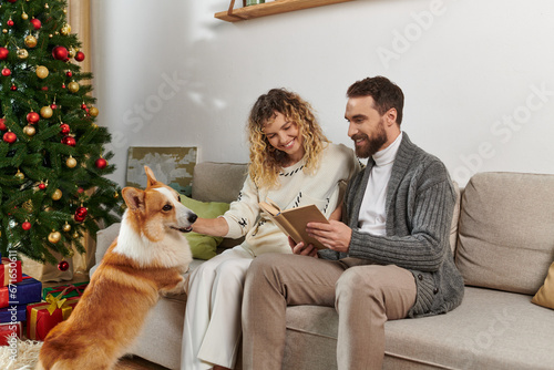 cheerful couple sitting on couch and reading book near corgi dog and Christmas tree with presents