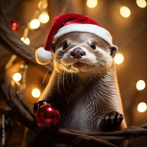 Otters celebrating Christmas, in various locations, dressed with Christimas costume. photo