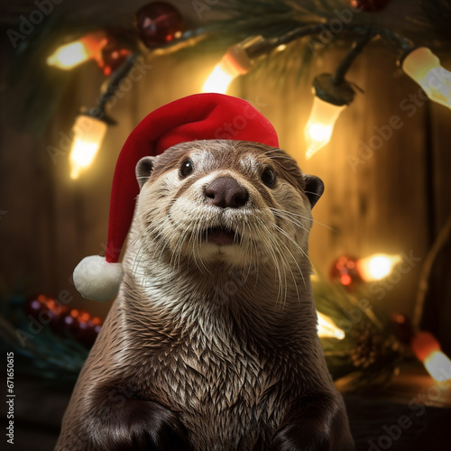 Otters celebrating Christmas, in various locations, dressed with Christimas costume. photo