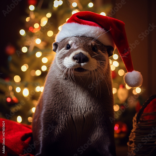 Otters celebrating Christmas, in various locations, dressed with Christimas costume.