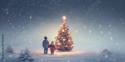 christmas couple little children on the winter forest with Christmas tree night in snow and lights © megavectors