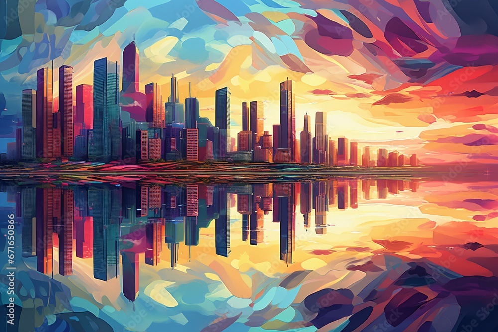 illustration of a colorful sunset reflecting on a lake with towering buildings and abstract elements. Generative AI