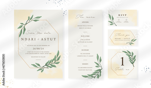 Abstract watercolor wedding invitation template. set of wedding stationery. luxury card and poster background.
