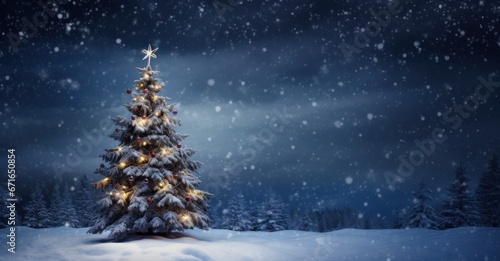 snow-covered Christmas tree, standing majestically against a rich, dark blue backdrop