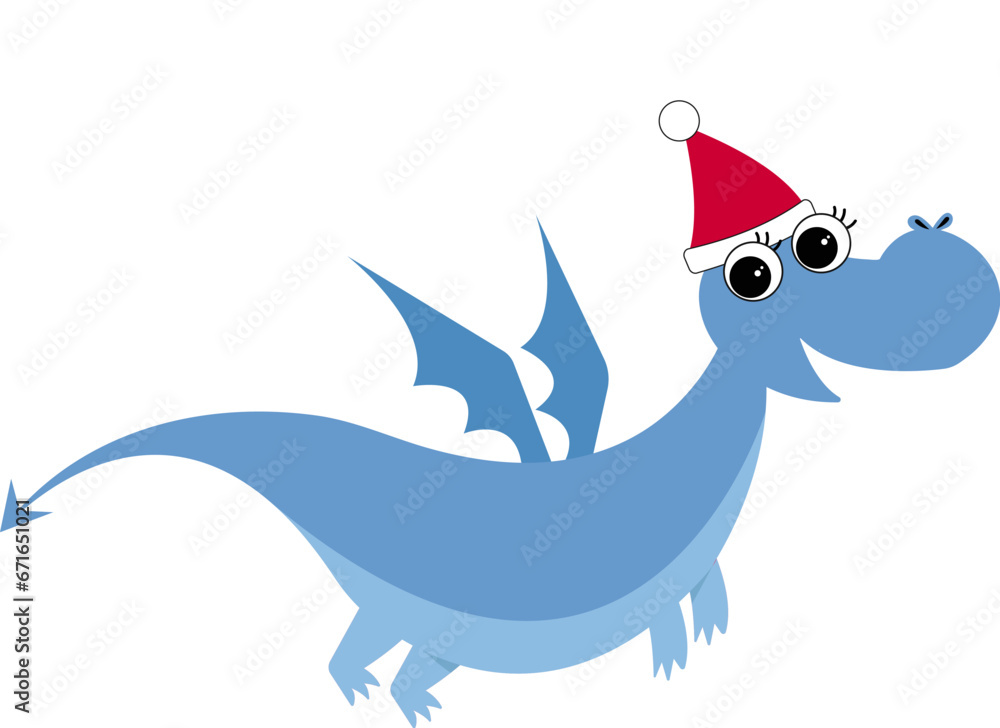 Fototapeta premium cute cartoon vector dragon. illustration of blue baby dragon with christmas hat. christmas flying dragon for children. Chinese new year zodiac sign