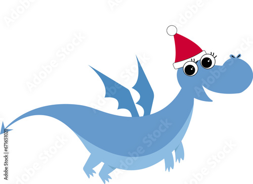 cute cartoon vector dragon. illustration of blue baby dragon with christmas hat. christmas flying dragon for children. Chinese new year zodiac sign