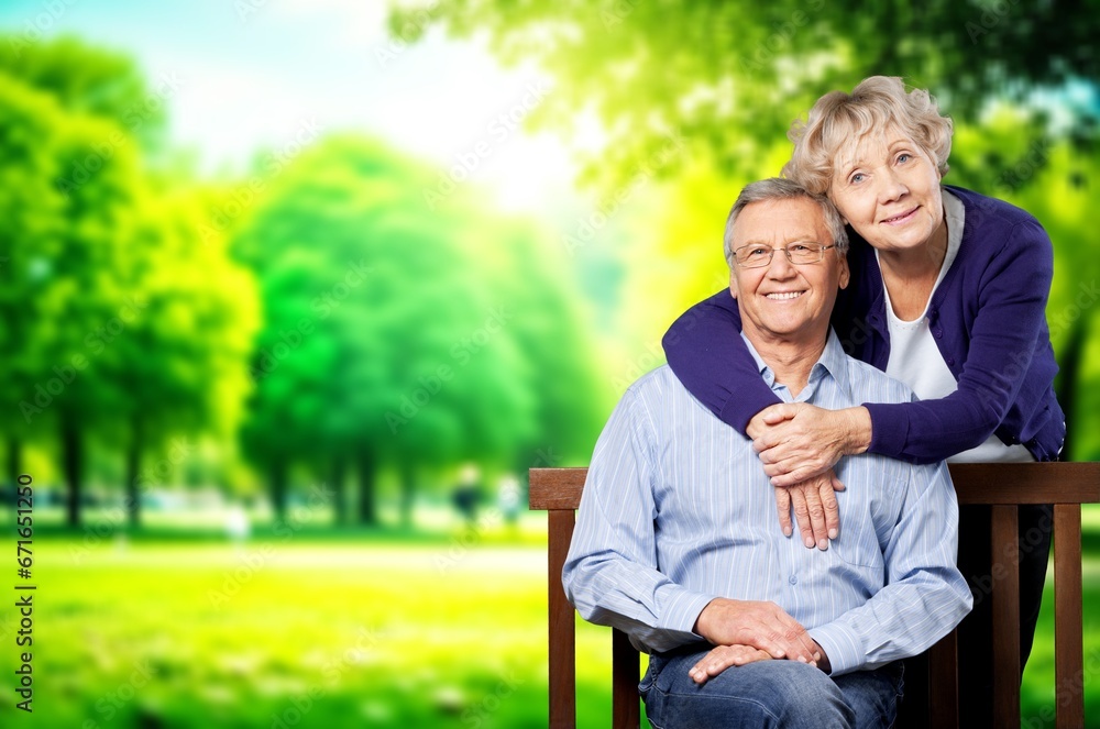 Fototapeta premium Happy active old senior couple outdoors, AI generated image