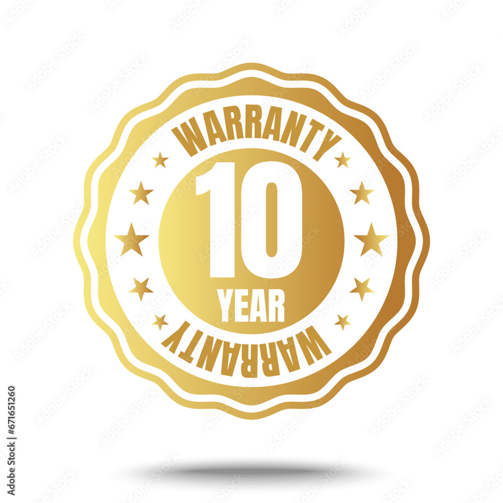 10 year warranty logo with golden shield and golden ribbon.Vector illustration.