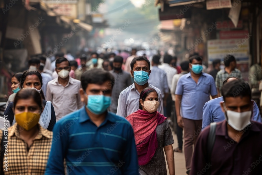 Crowd of Indian people walking street wearing covid masks Crowd of Indian people walking street wearing covid masks