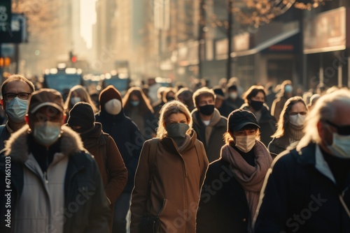 Crowd of people walking street wearing covid masks