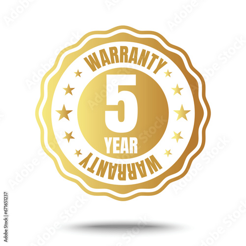 5 year warranty logo with golden shield and golden ribbon.Vector illustration.