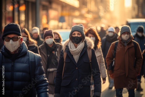 Crowd of people walking street wearing covid masks photo