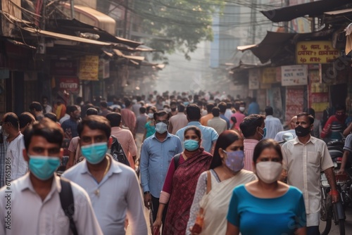 Crowd of Indian people walking street wearing covid masks