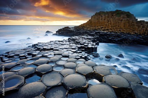Landscape of the Giant’s Causeway ,Ireland,A giant rock formation with many interlocking columns. photo