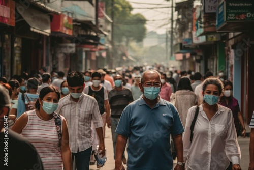 Crowd of Indian people walking street wearing covid masks