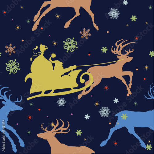 Santa sleigh  reindeers and snowflakes seamless pattern