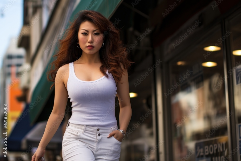 Young Asian woman wearing tank top walking street