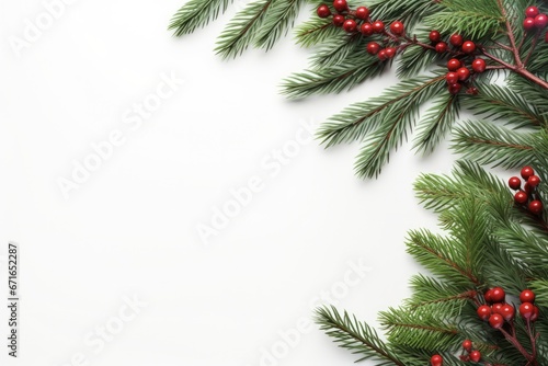 Christmas Flatlay: Festive Holiday Composition with Spruce Branches, Red Berries, and Space for Text on White Background