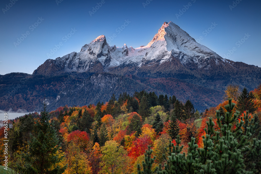 Watzmann mountain, Bavarian Alps, Germany. Landscape image of Bavarian Alps with the Watzmann mountain at beautiful autumn sunrise.
