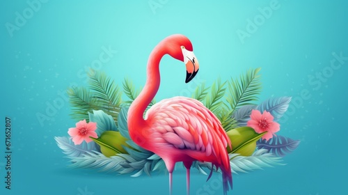 one flamingo on a blue or green background with tropi.Generative AI