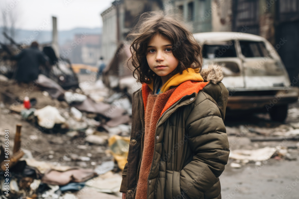 poor girl from the slums. A teenager against the backdrop of a ghetto, destroyed houses and cars.