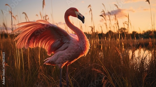 Flamenco rosa estirando las alas durante el amanecer