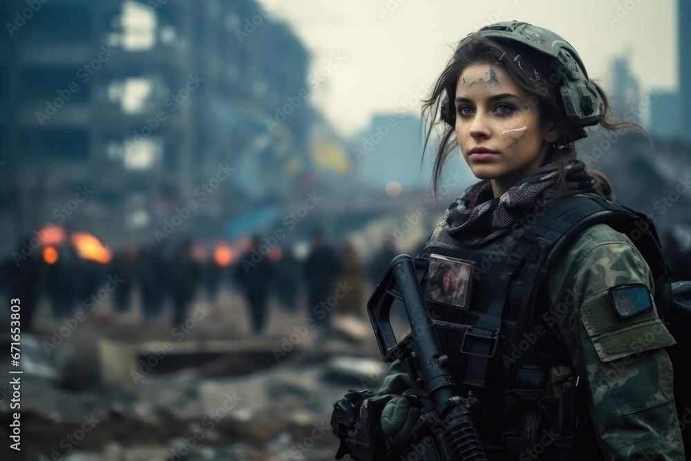 beautiful girl soldier in headphones after combat operations against the backdrop of the city and silhouettes of people. Copy space.
