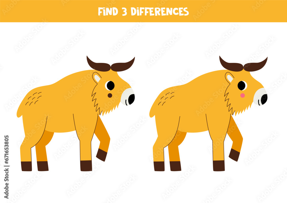 Find 3 differences between two cute cartoon golden takin.
