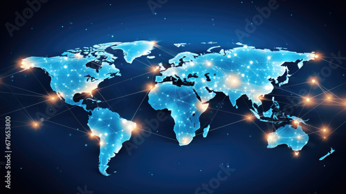 Global network connection on blue background. 3D rendering. Globalization concept Generative AI