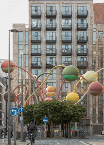 The penelope sculpture at Wolstenholme square's famous at Gradwell Street,Abstract of different coloured spheres at the end of poles twisting at different heights and directions, Merseyside,Copy space photo
