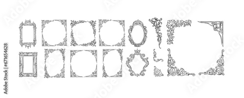 Hand drawn vector abstract outline,graphic,line art vintage baroque ornament floral frames set in minimalistic modern style.Baroque floral vintage outline design concept.Vector antique frame isolated.