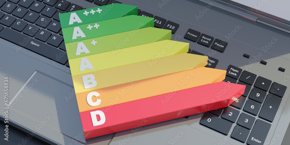 Energy Efficiency Label Classification on silver laptop keyboard background. 3d render Energy Efficiency Label Classification on silver laptop keyboard background. 3d render